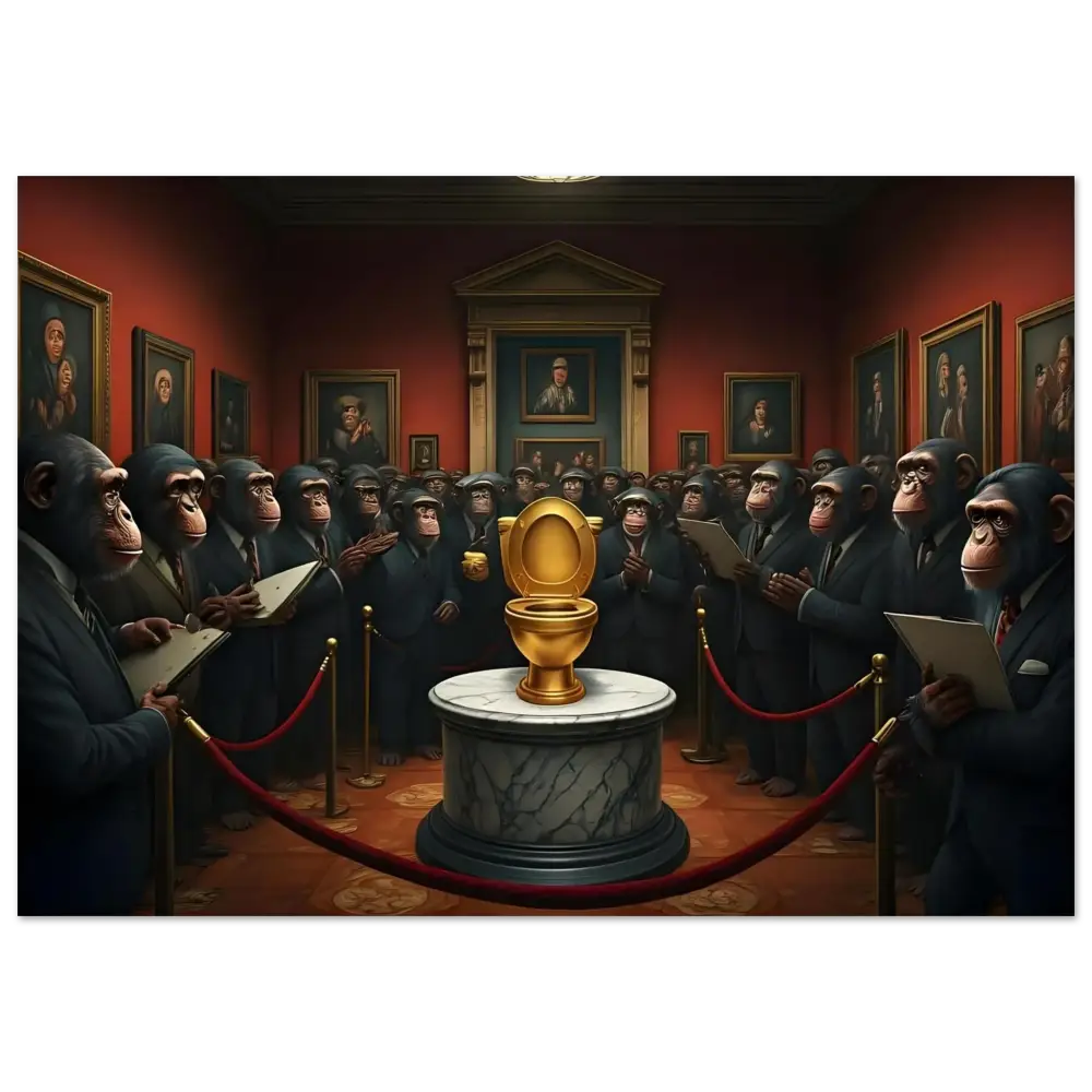 Golden toilet displayed in The Golden Throne Fine Art Poster from PixiOnyx Satirical Gallery