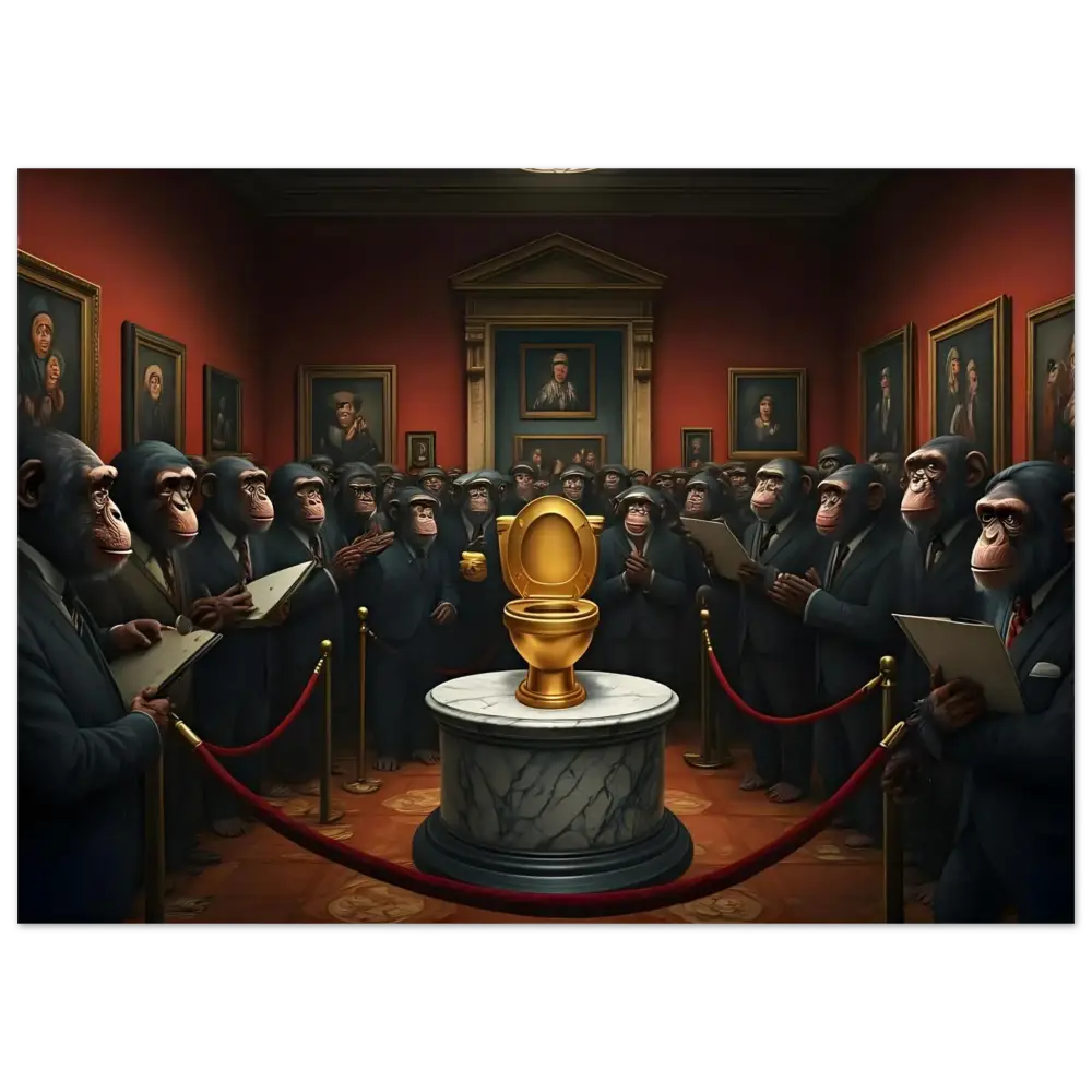 Golden toilet featured in The Golden Throne Fine Art Poster from PixiOnyx Satirical Gallery