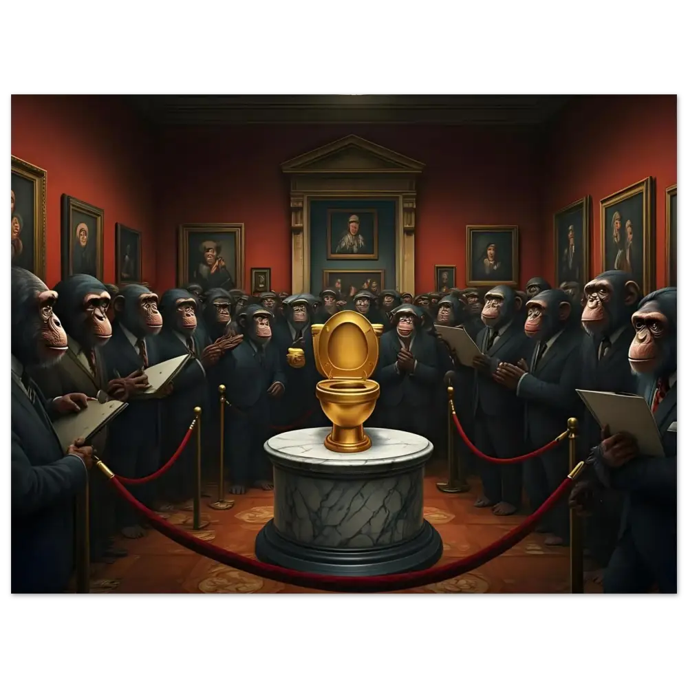 Golden toilet displayed in The Golden Throne Fine Art Poster from PixiOnyx Satirical Gallery