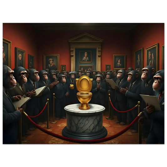 Golden toilet displayed in The Golden Throne Fine Art Poster from PixiOnyx Satirical Gallery