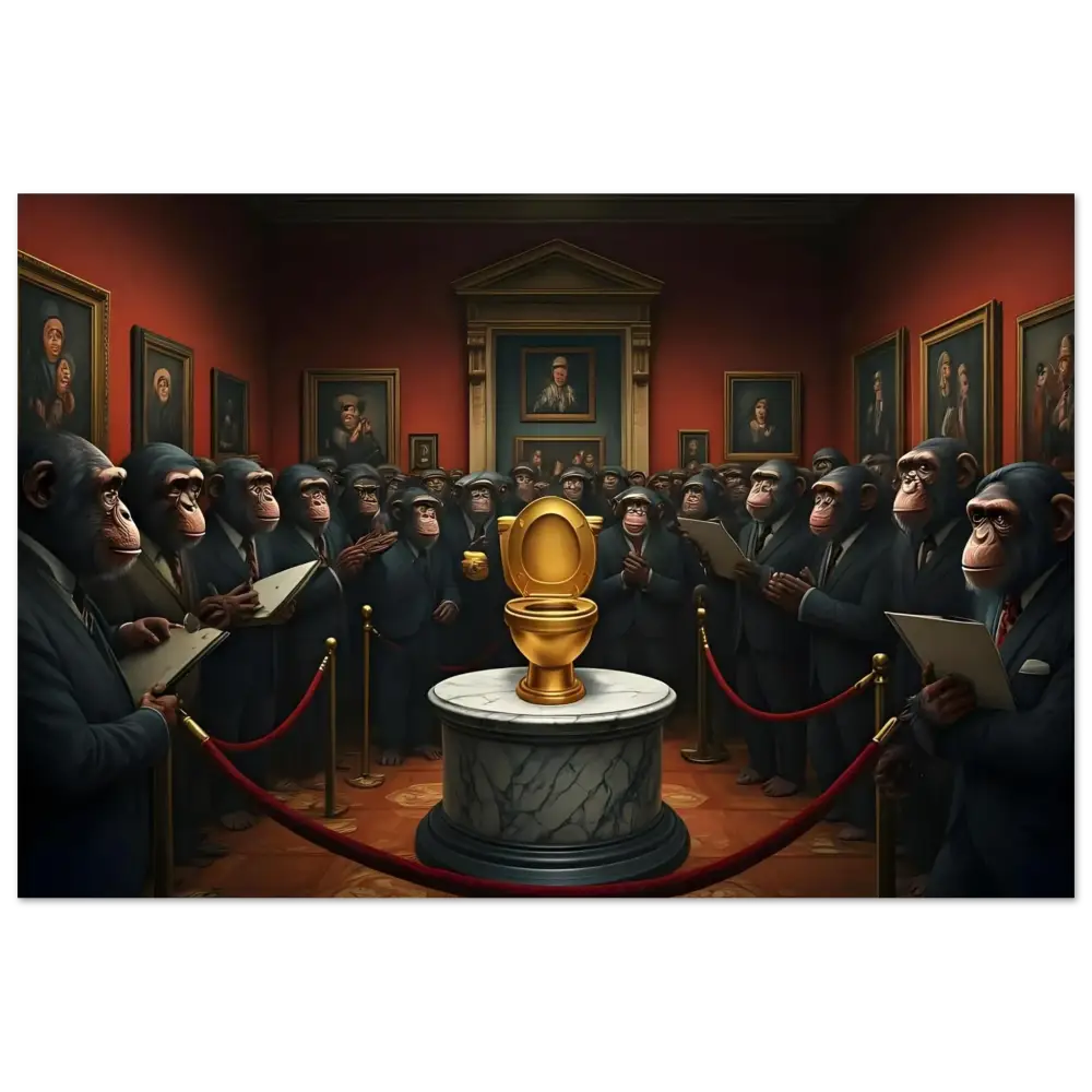 Golden toilet displayed in The Golden Throne Fine Art Poster from PixiOnyx Satirical Gallery