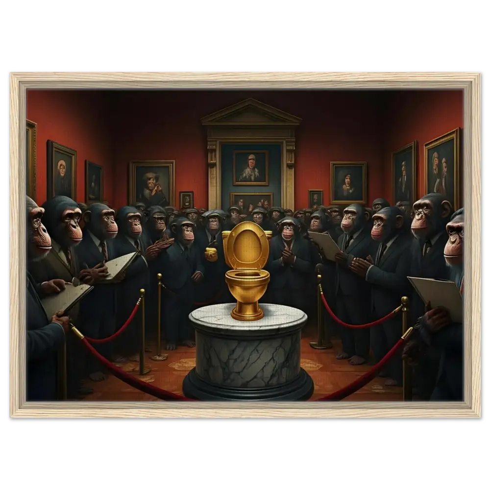 Golden toilet depicted on The Golden Throne Framed Canvas PixiOnyx Deluxe Satire Edition