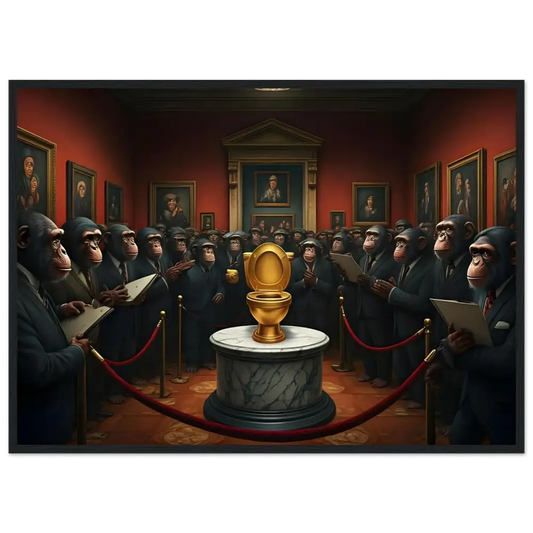 Golden toilet displayed in The Golden Throne Framed Poster by PixiOnyx Satirical Masterpiece Frame
