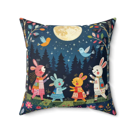 Honson Ventures Limited Forest Creature Dance throw pillow with rabbits dancing under full moon