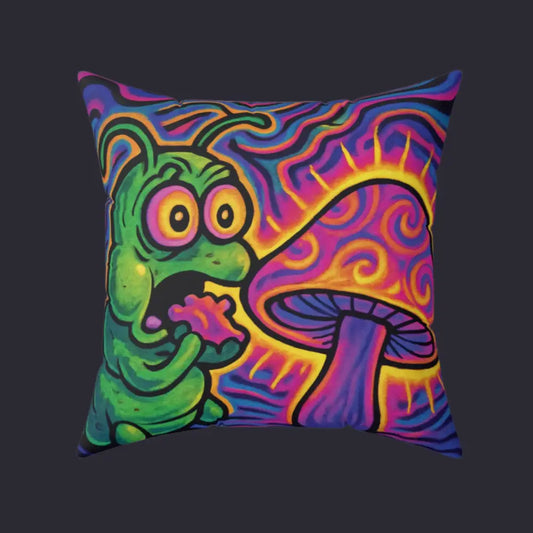Psychedelic caterpillar and mushroom pillow for vibrant psychedelic decor at PixiOnyx