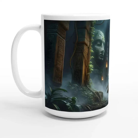 White ceramic mug with jungle temple design from Torchbearer 15oz Mug Jungle Glyph Fantasy Art