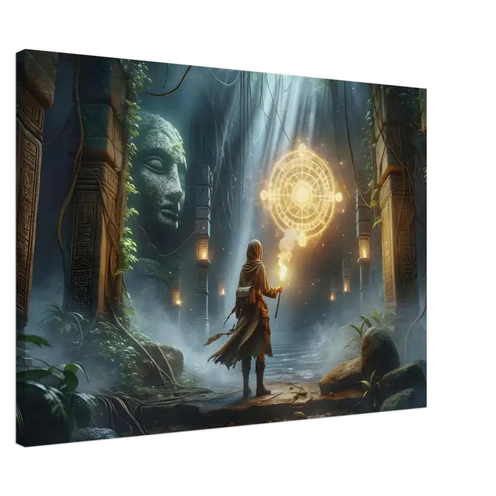 Mystical temple explorer depicted in Torchbearer Fantasy Canvas Jungle Glyphs and Ruins artwork
