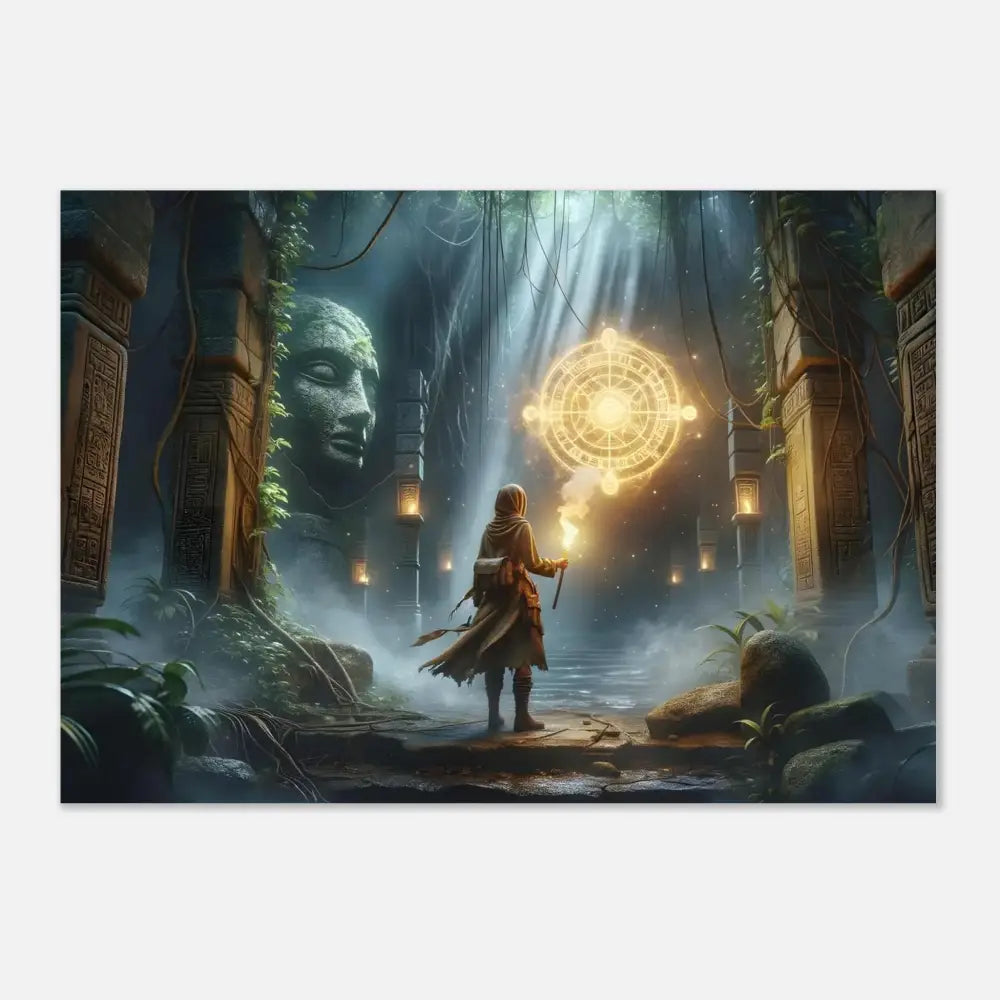 Mystical temple explorer in a cinematic fantasy setting for Torchbearer of the Forgotten Glyphs print