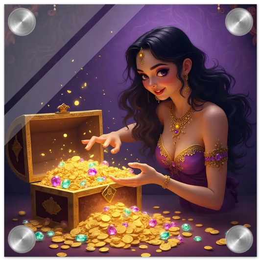 Treasure Seeker Acrylic Wall Print with overflowing gold coins and colorful gems