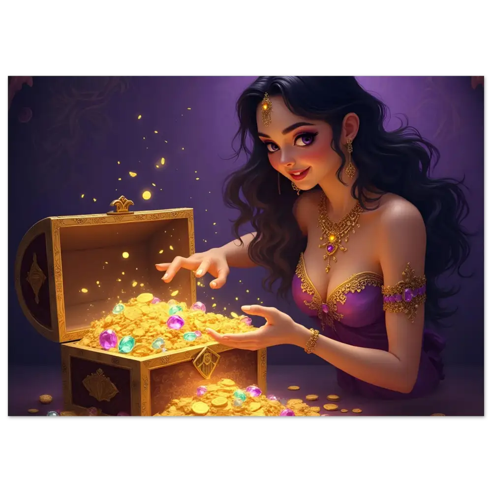 Treasure Seeker Aluminum Wall Art featuring a treasure chest overflowing with gold coins and colorful gems in Ultra-HD print