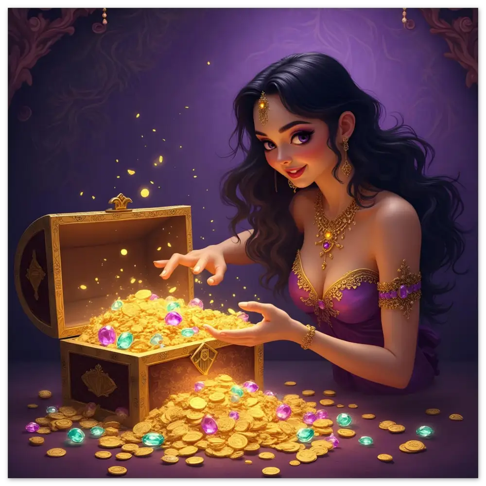 Treasure Seeker Aluminum Wall Art showing overflowing gold coins and colorful gems