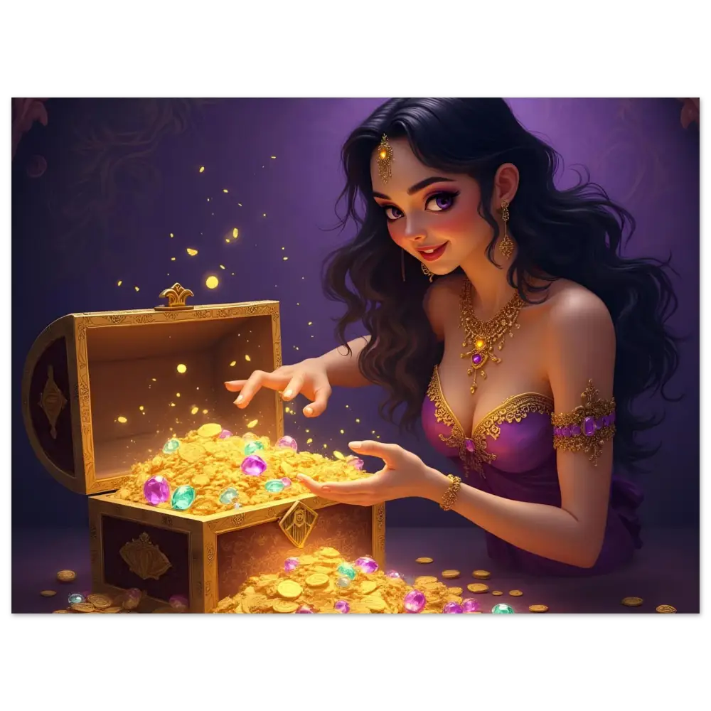 Treasure Seeker Aluminum Wall Art showcasing overflowing gold coins and dazzling jewels