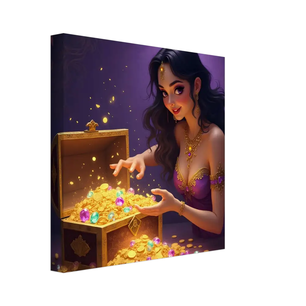 Treasure Seeker Canvas Print fantasy wall art showing overflowing treasure chest with gold and jewels