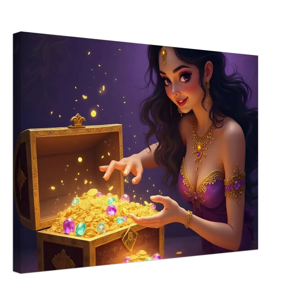 Treasure Seeker Canvas Print Fantasy Wall Art by PixiOnyx showing overflowing gold and jewels