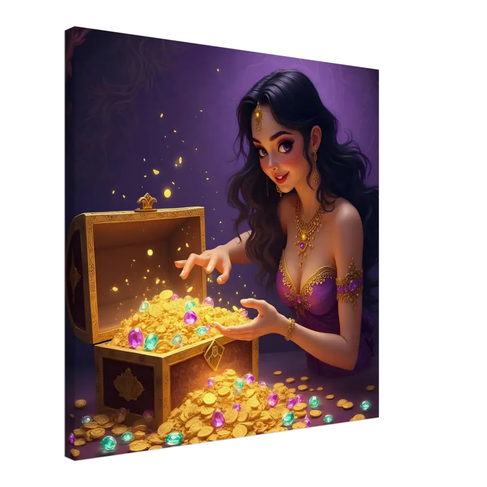 Treasure Seeker Canvas Print Fantasy Wall Art with overflowing gold coins and jewels