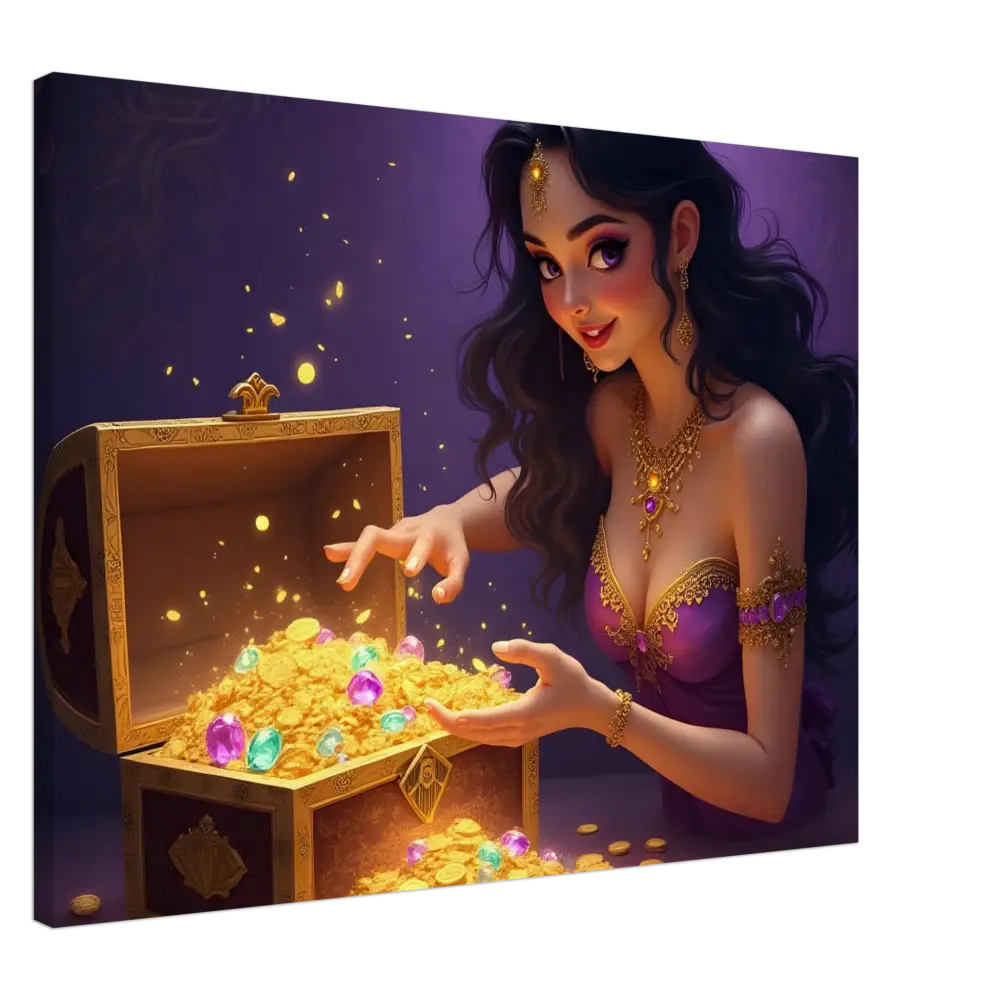 Animated woman opening a treasure chest depicted in Treasure Seeker Canvas Print by PixiOnyx