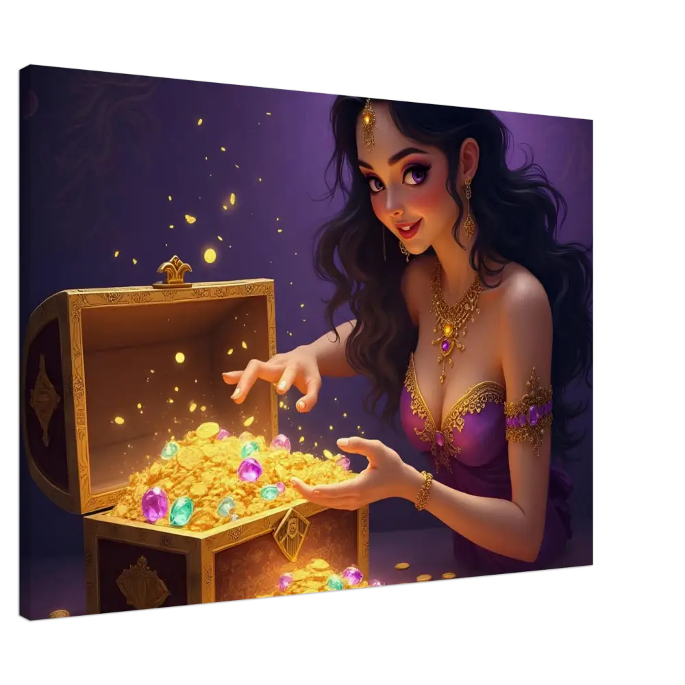 Animated woman with treasure chest fantasy wall art by PixiOnyx for Treasure Seeker Canvas Print