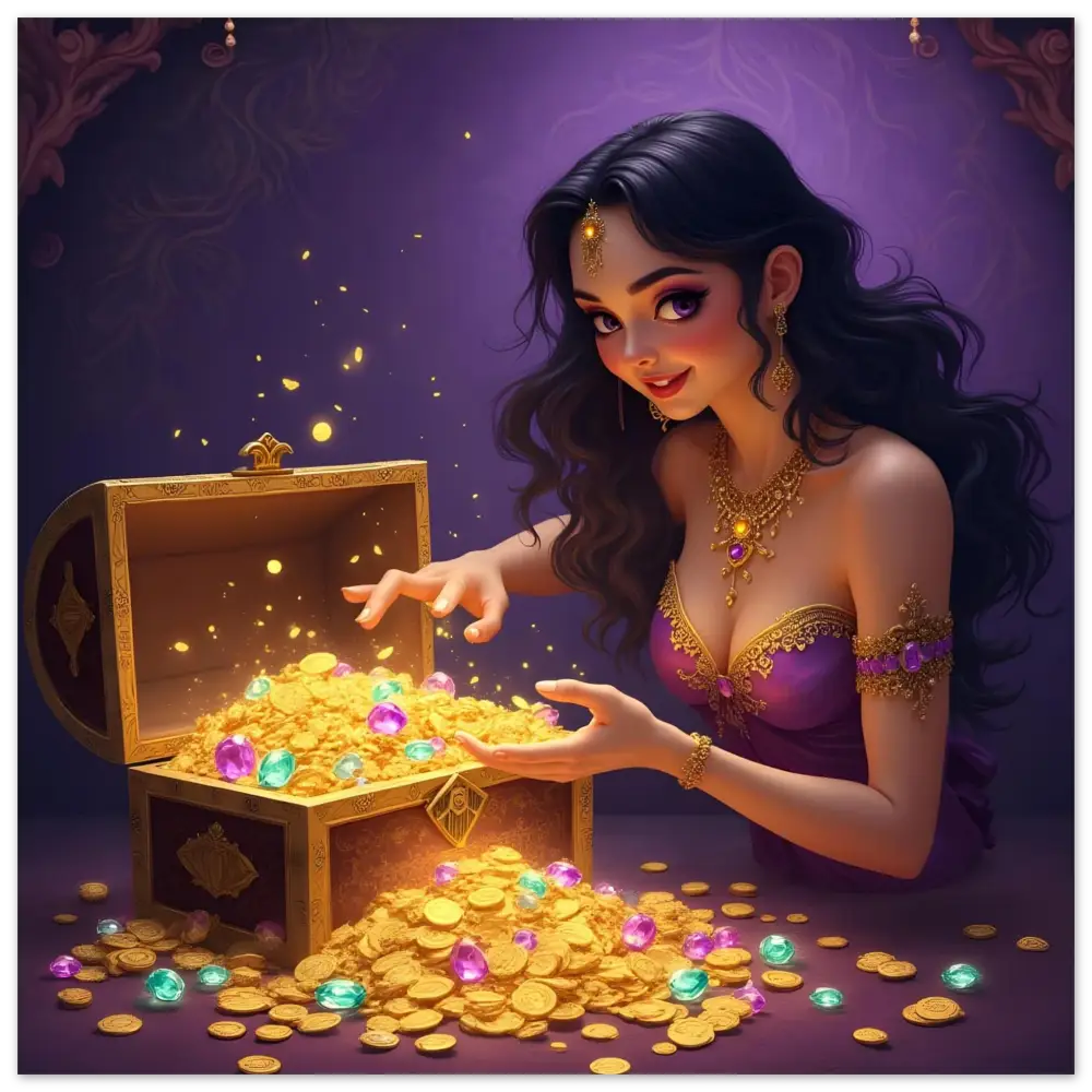 Treasure Seeker Fine Art Poster from PixiOnyx showing overflowing treasure chest with gold coins and gems