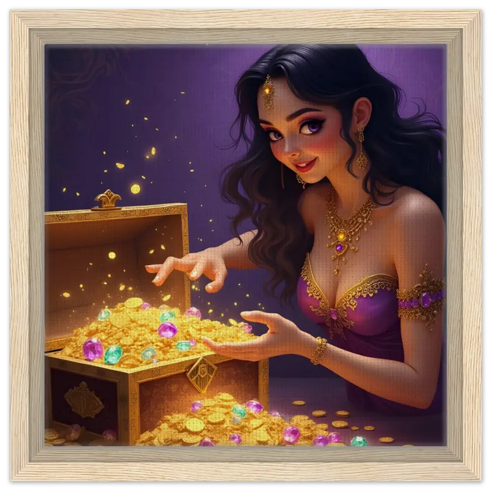 Animated woman with treasure chest displayed on Treasure Seeker Framed Canvas by PixiOnyx