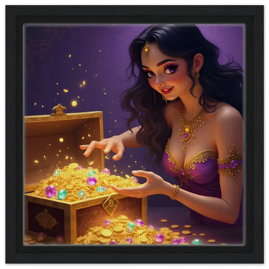 Treasure Seeker Framed Canvas showcasing overflowing gold coins and colorful gems