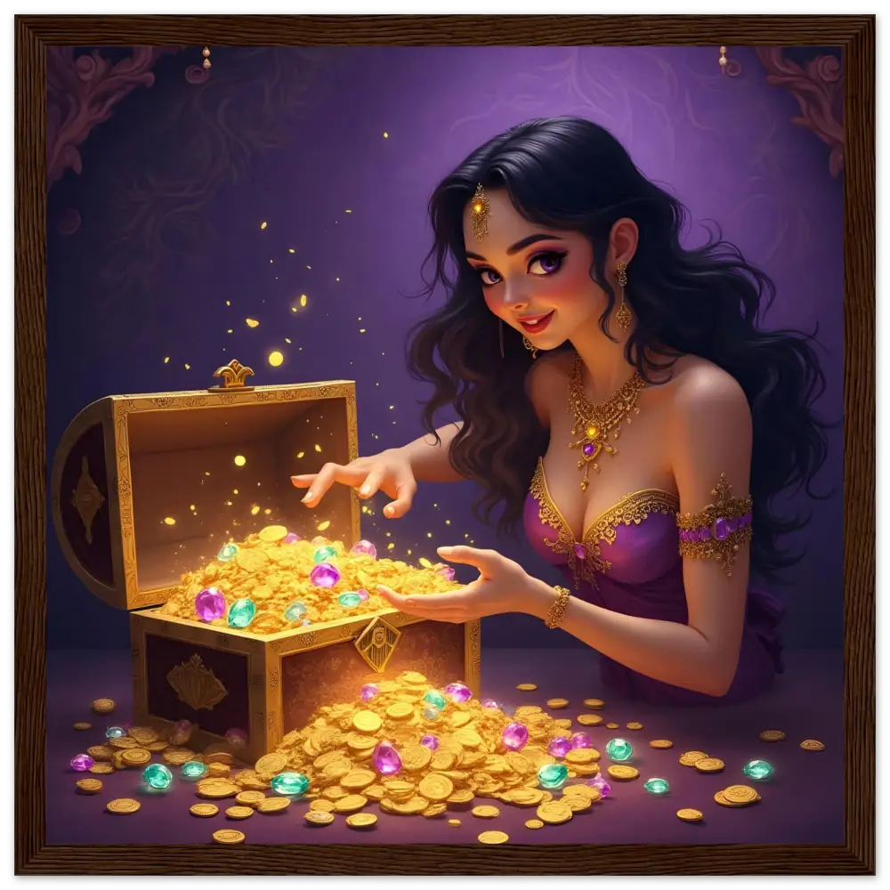 Treasure chest overflowing with gold coins and jewels displayed on Treasure Seeker Framed Poster
