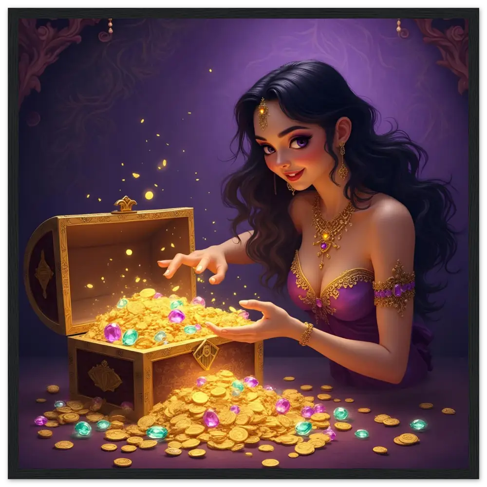 Treasure Seeker Framed Poster with overflowing gold coins and jewels in a premium matte finish