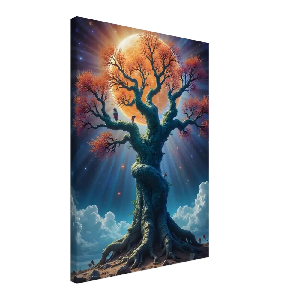 Whimsical tree with orange foliage under a radiant moon on Tree of Light Canvas Print