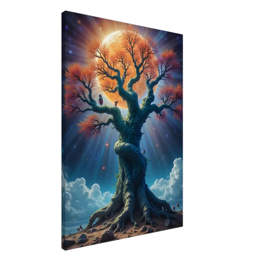 Vibrant tree under a radiant moon on Tree of Light Canvas Print Cosmic Roots PixiOnyx Wall Art