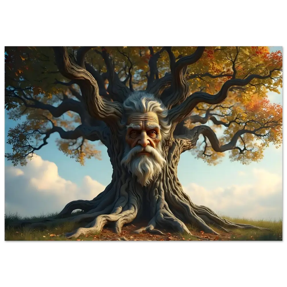 Tree with an old man’s face displayed on the Treeface Metal Print Wisdomroot Sentinel