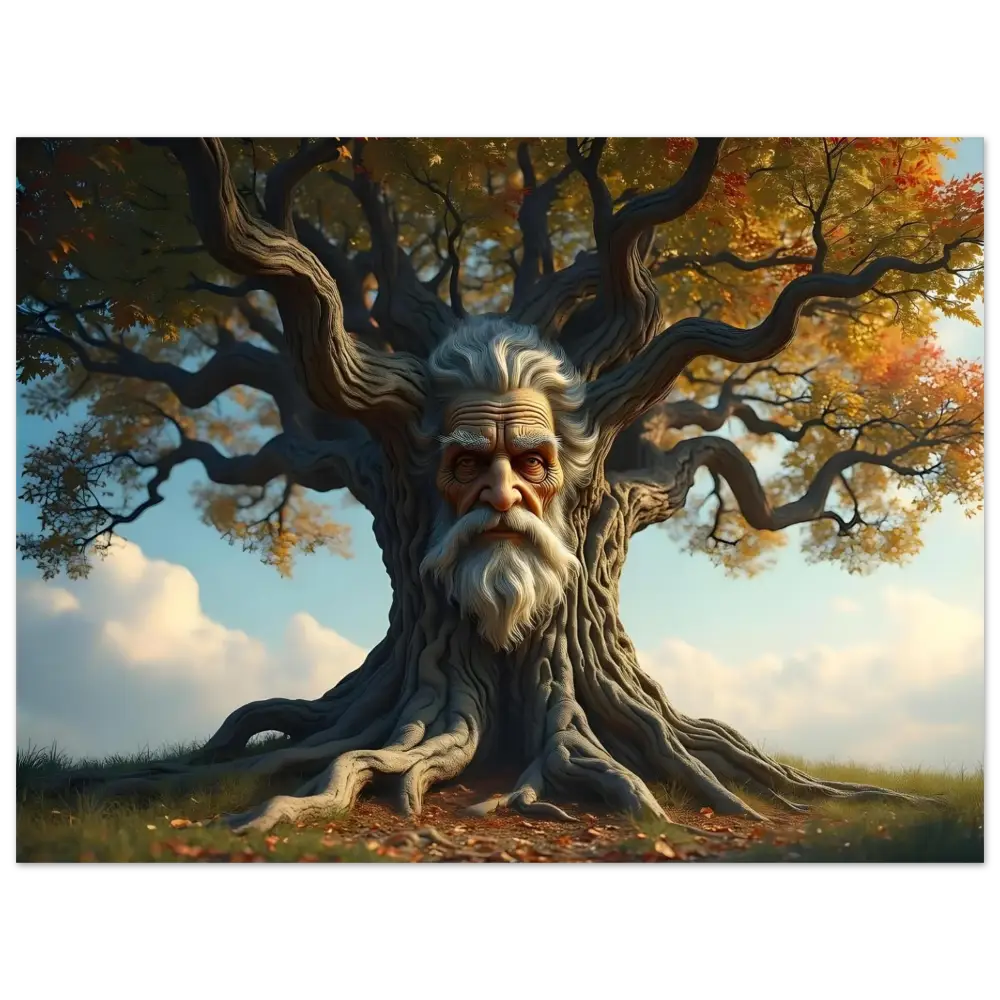 Anthropomorphic tree with a wise old face displayed on Treeface Metal Print The Wisdomroot Sentinel
