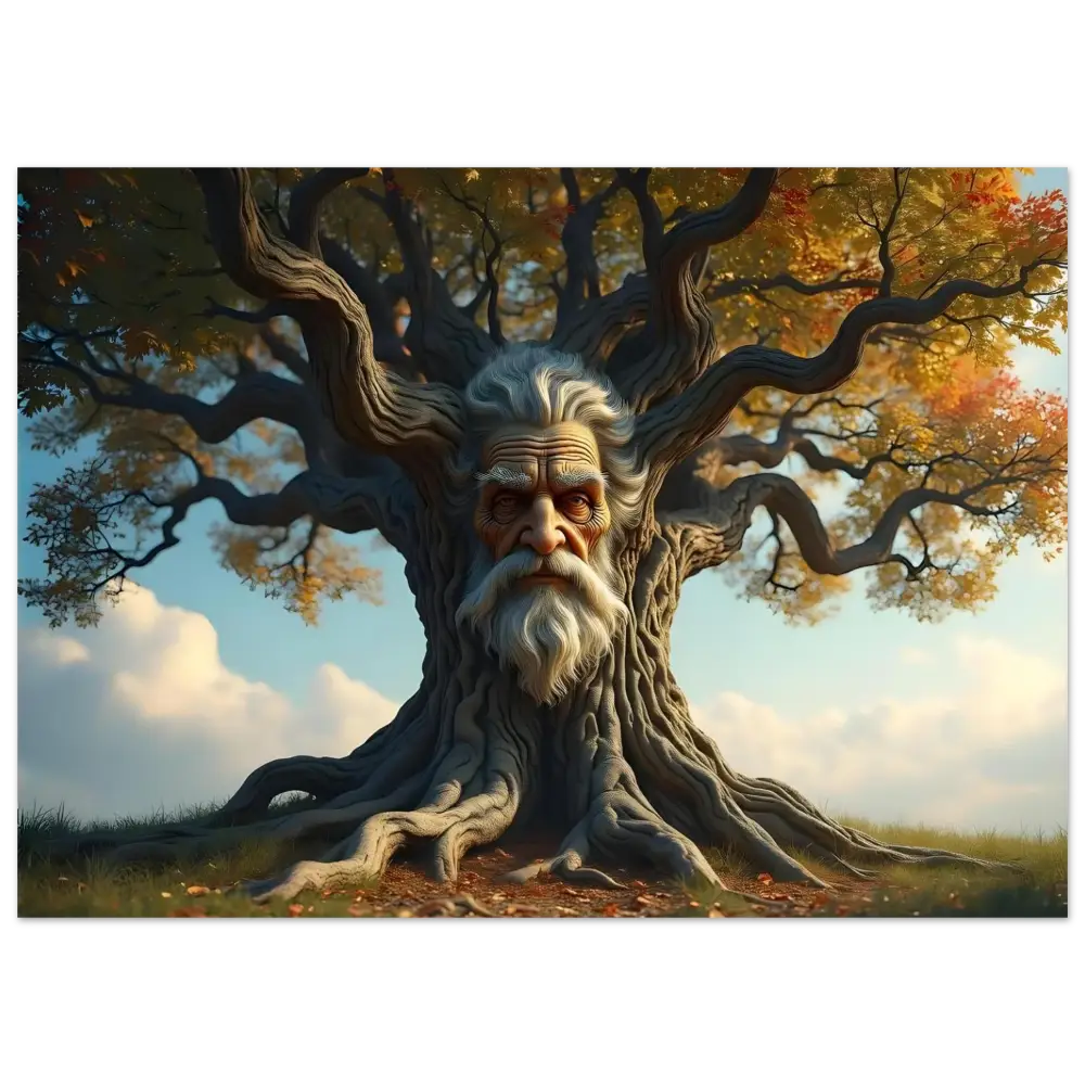 Tree face with an old man’s expression on a metallic print titled Treeface Metal Print The Wisdomroot Sentinel PixiOnyx