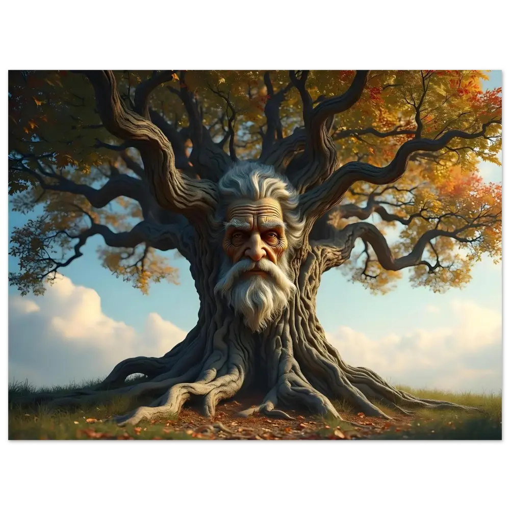 Ent-like tree with a bearded face from Treeface Poster – The Wisdomroot Sentinel