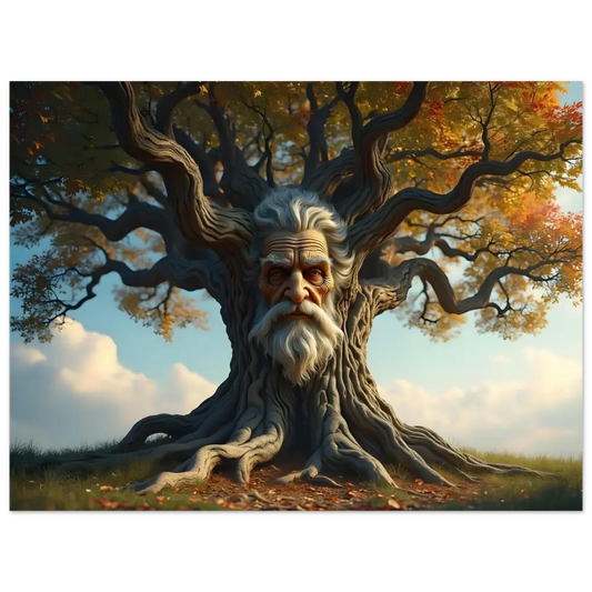 Ent-like tree with a bearded face from Treeface Poster – The Wisdomroot Sentinel