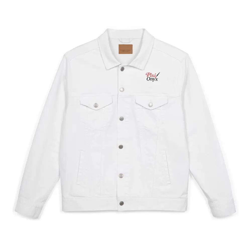 White denim jacket with metal buttons, stylish embroidered PixiOnyx denim for casual wear