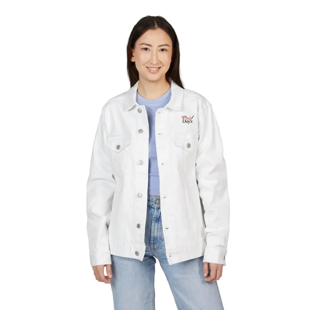 Stylish embroidered PixiOnyx denim jacket paired with light purple shirt and blue jeans