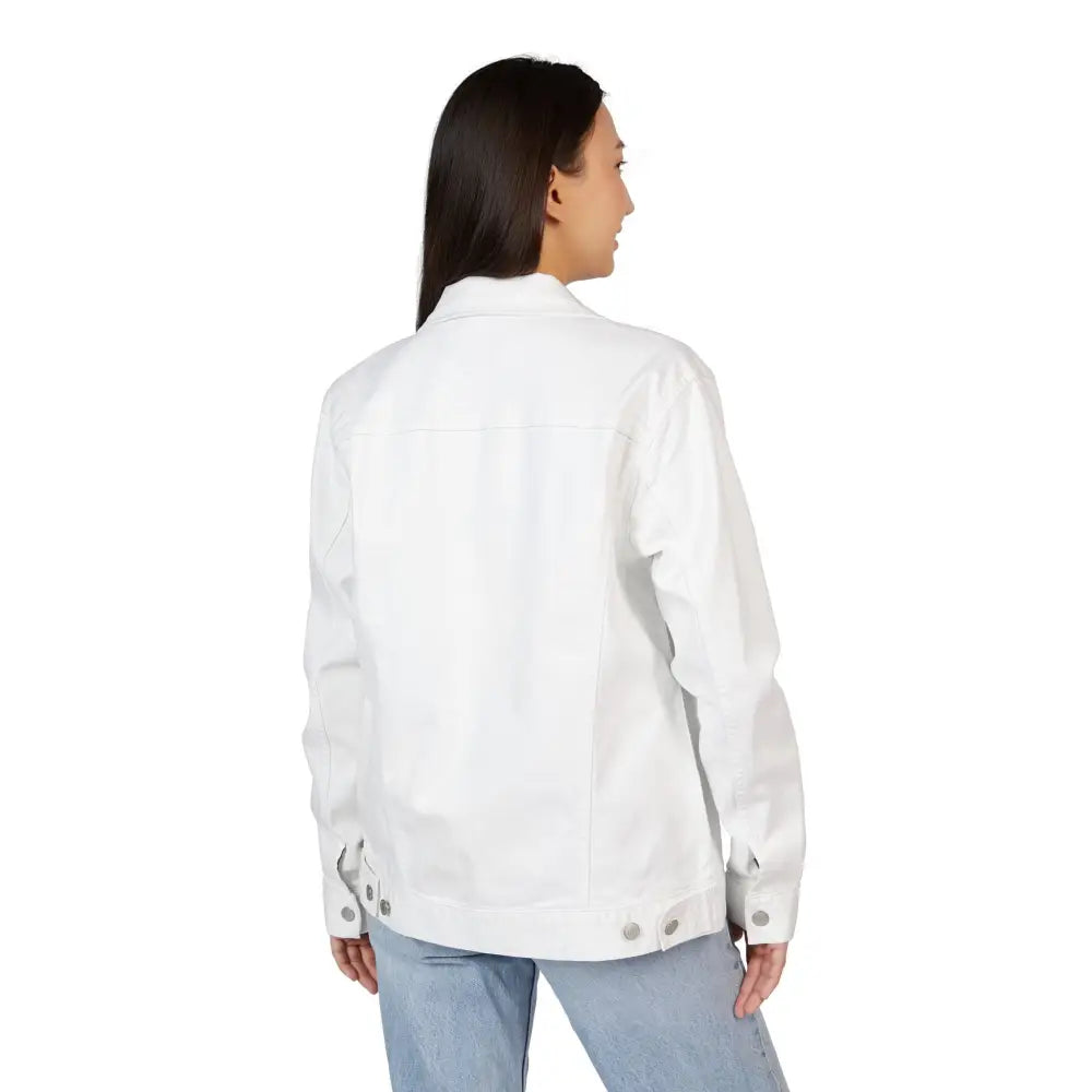 Stylish embroidered PixiOnyx denim jacket worn by woman in casual summer outfit