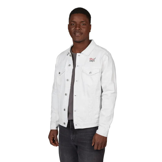 Men’s white denim jacket with gray t-shirt and dark jeans, perfect for casual summer style
