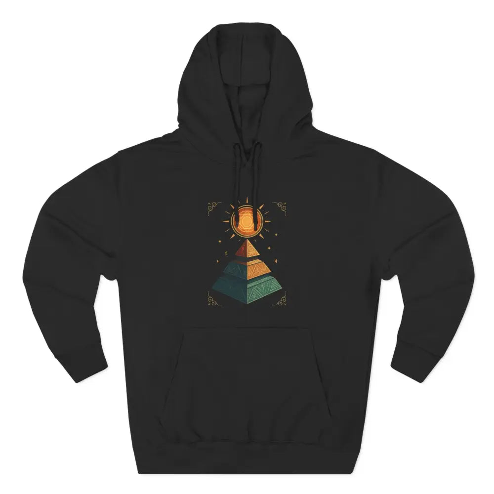 Black pullover hoodie with colorful geometric pyramid sun design, machine wash, low heat care