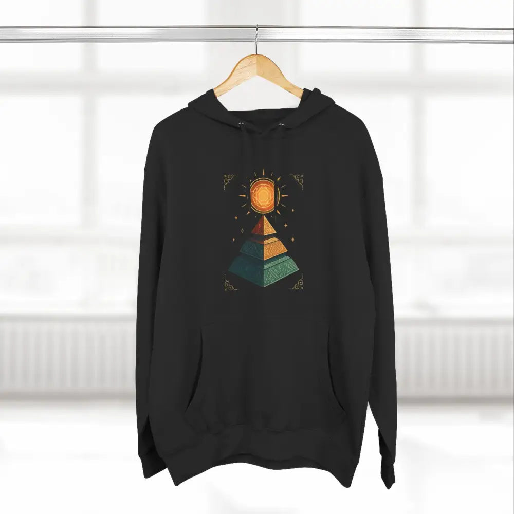 Black hooded sweatshirt with sun and pyramid graphic, easy care, machine wash friendly