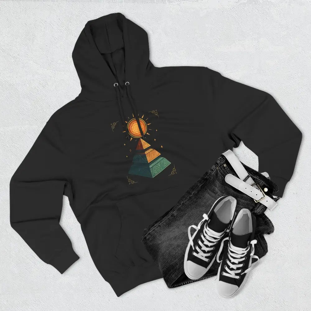 Black hoodie with colorful pyramid sun graphic, ideal for spring fall casual wear, machine wash safe