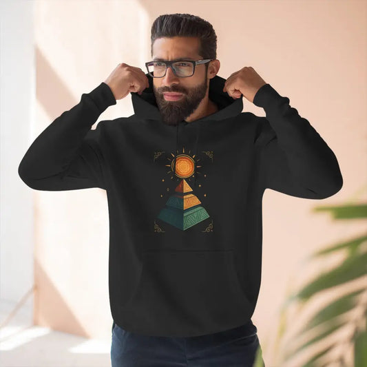 Black hoodie with colorful pyramid and sun graphic, machine washable, easy care, casual style