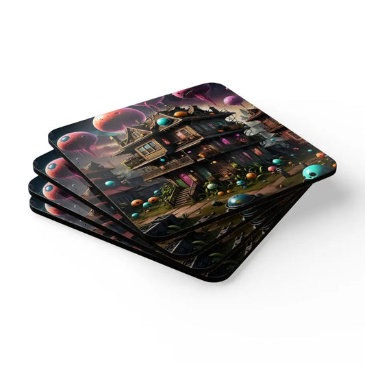 Stack of square coasters featuring a surreal house design from PixiOnyx Psybrew Edition