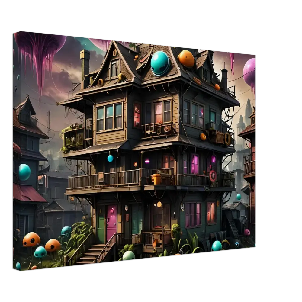 Whimsical three-story house with colorful accents in Trippy Mushroom House wall art