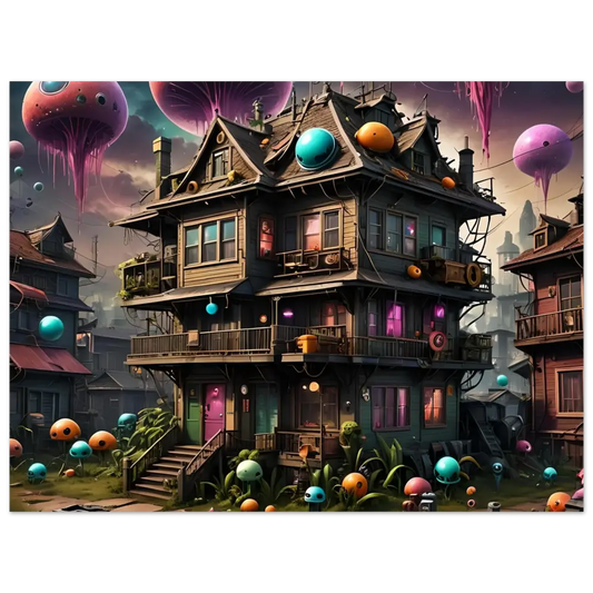Whimsical multi-story house with surreal orbs in Trippy Mushroom House Psychedelic Wall Art