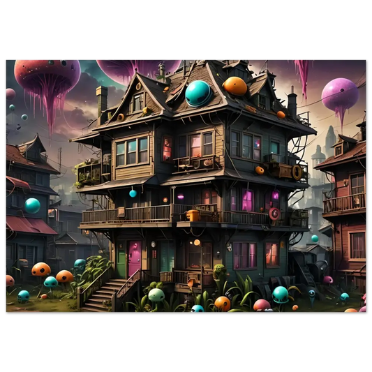 Whimsical multi-story house with colorful orbs in psychedelic Trippy Mushroom House Wall Art