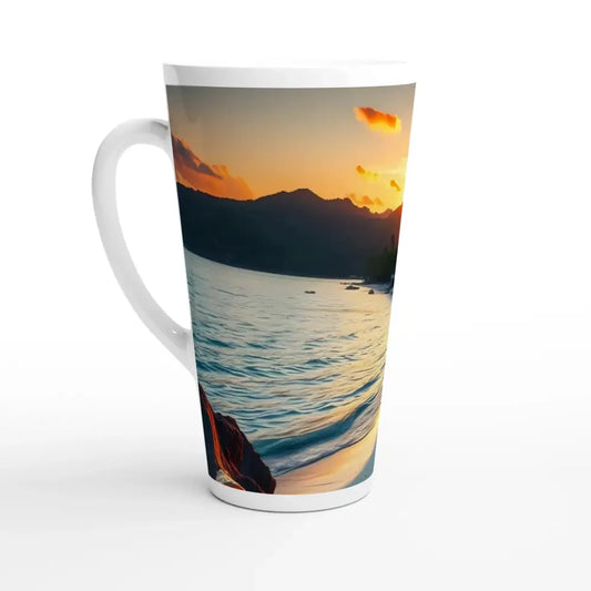 Tropical Latte Mug with beach sunset scene and Coastal Breeze design in 17oz ceramic