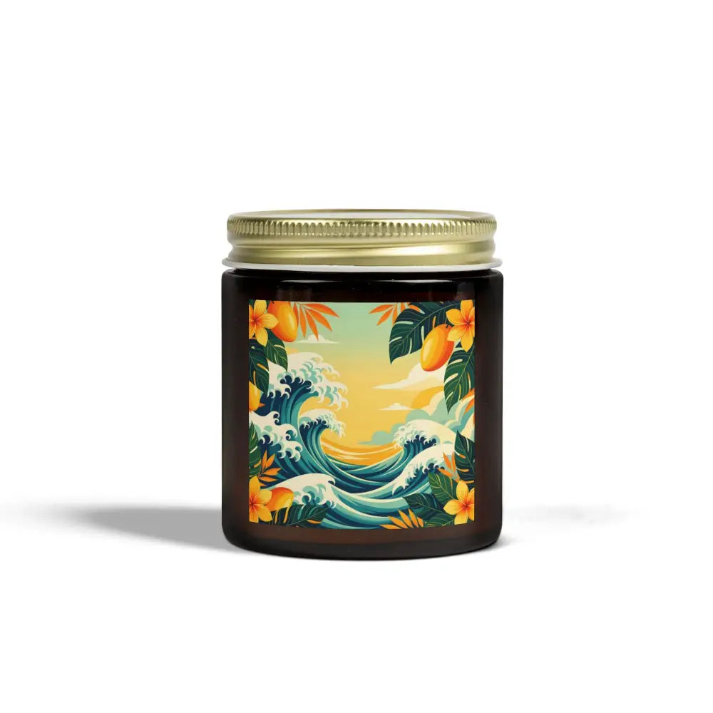 Brown candle jar with Tropical Wave label from Tropical Scented Candle Mango Coconut Escape PixiOnyx