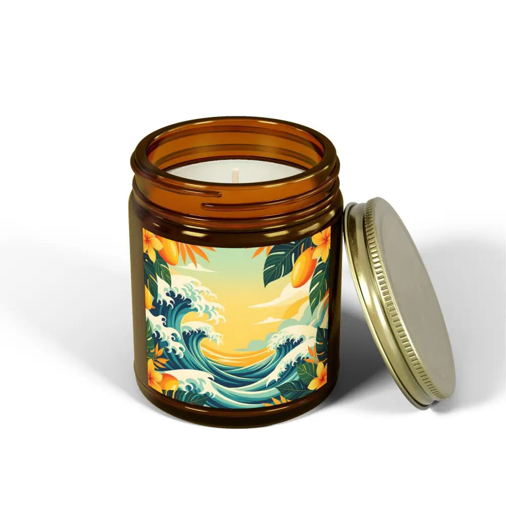 Amber jar candle with Tropical Wave design from PixiOnyx Aromatherapy Mango Coconut Escape