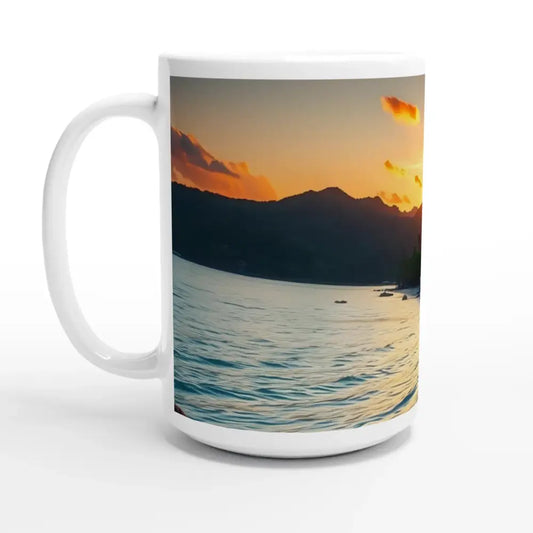 White ceramic mug featuring a Tropical Sunset Ocean scene, 15oz PixiOnyx Island Vibe Cup
