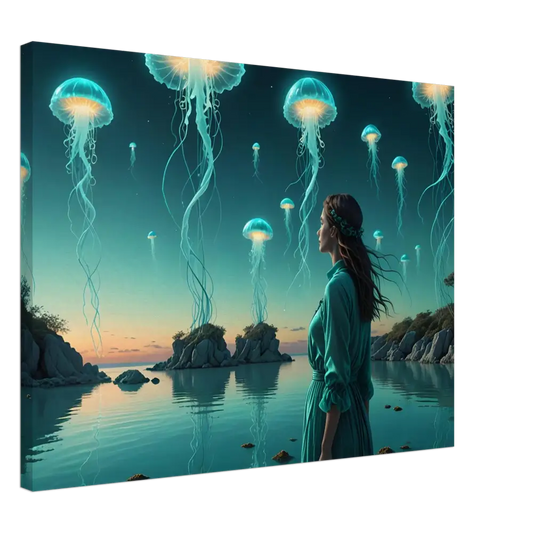 Turquoise Ascension Canvas featuring a woman gazing at glowing jellyfish in a surreal lagoon